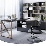 Modern 63" Black L-Shaped Desk Corner Computer Desk with Cabinet & Rich Storage in Gold