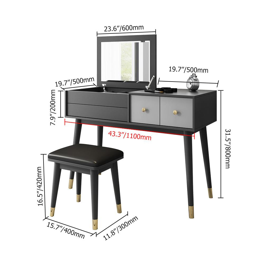 Classic Walnut Makeup Vanity Set with Flip-top Mirror & Stool