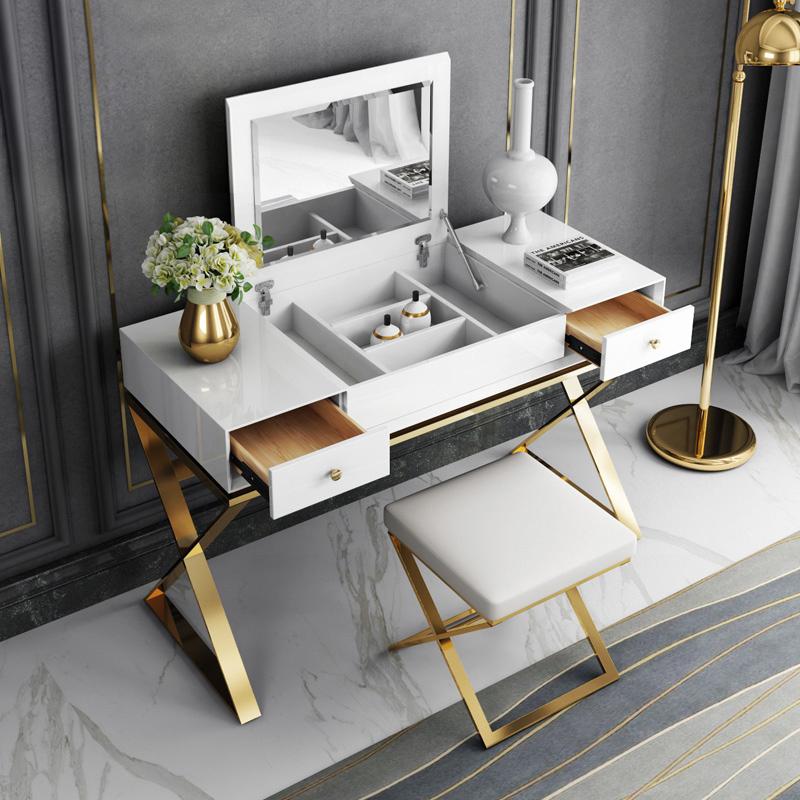 Modern 2-Drawer Wood Makeup Vanity Set with Mirror & Stool X Base Stainless Steel in Gold