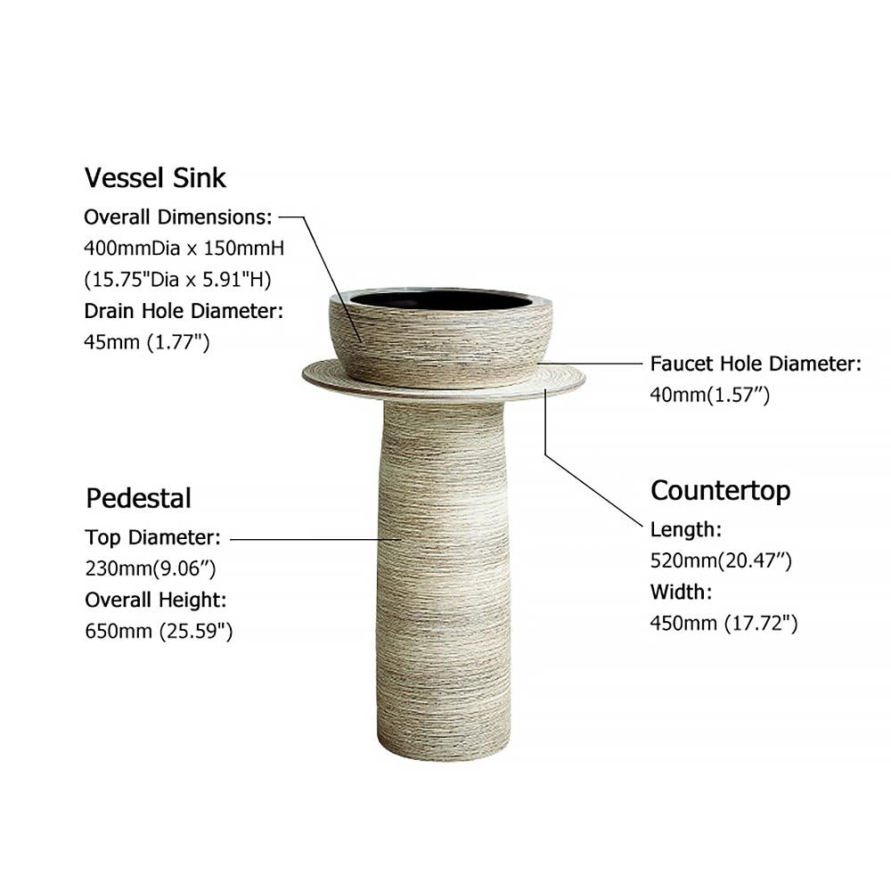 Kaolin Clay Pedestal Sink Wash Sink without Drain & Faucet Outdoor and Indoor