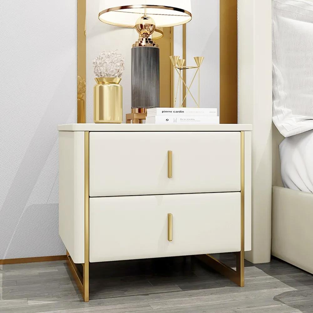 Modern Off White Nightstand 2-Drawer Faux Leather Bedside Table in Gold