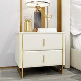 Modern Off White Nightstand 2-Drawer Faux Leather Bedside Table in Gold