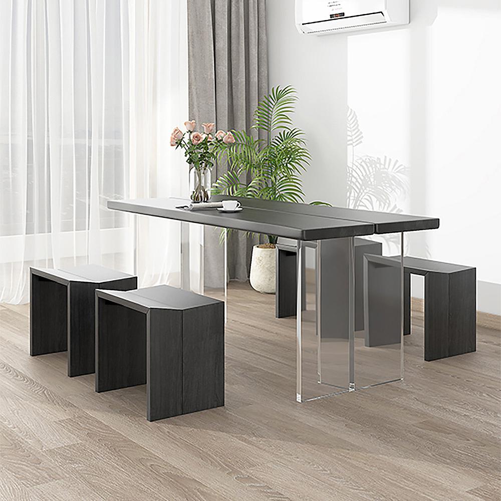 Modern 63" Acrylic Dining Table Rectangle Black Wood Tabletop Floating Trestle Leg