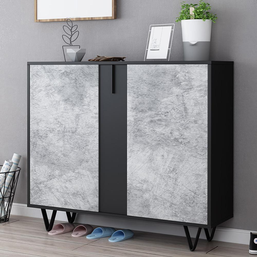 Modern Shoe Cabinet Gray & Black Shoe Organizer with Doors Shelves Drawer in Small
