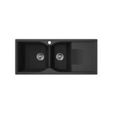45" Black Quartz Kitchen Sink Double Bowl Drop-In Sink with Drain Board