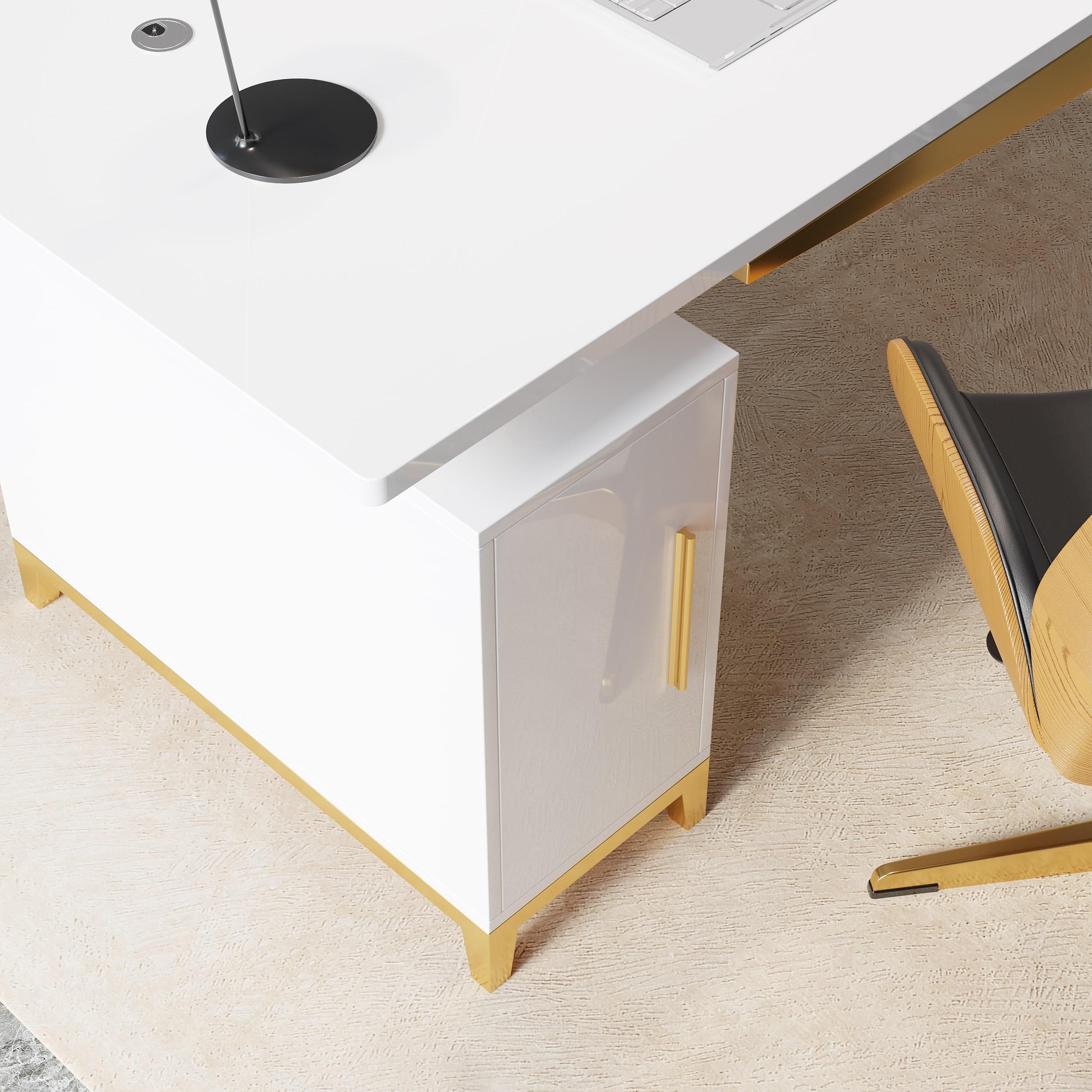 55" Ultra Modern White and Gold Computer Writing Desk with Storage & Drawer