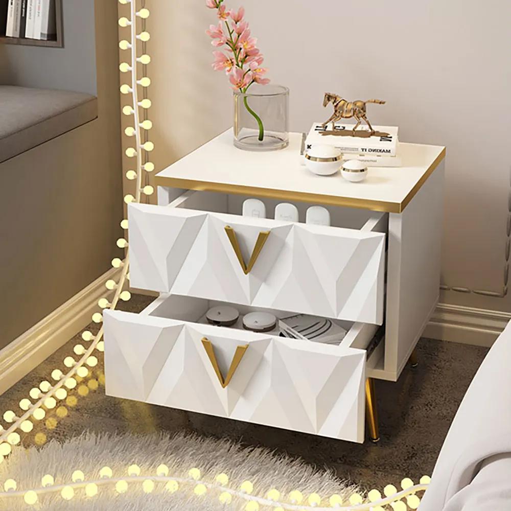 Nordic White Nightstand 3-Drawer Bedside Table V-Shaped Facet & Gold Pulls in Large