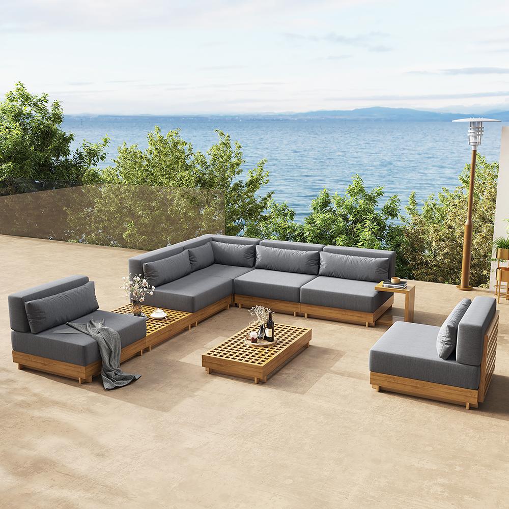 9 Pieces Teak Modular Outdoor Patio Sectional Sofa Set with Coffee Table and Cushion