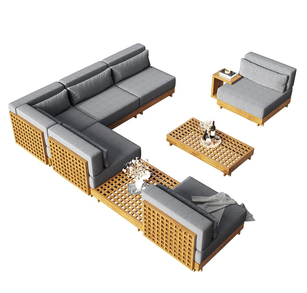 9 Pieces Teak Modular Outdoor Patio Sectional Sofa Set with Coffee Table and Cushion