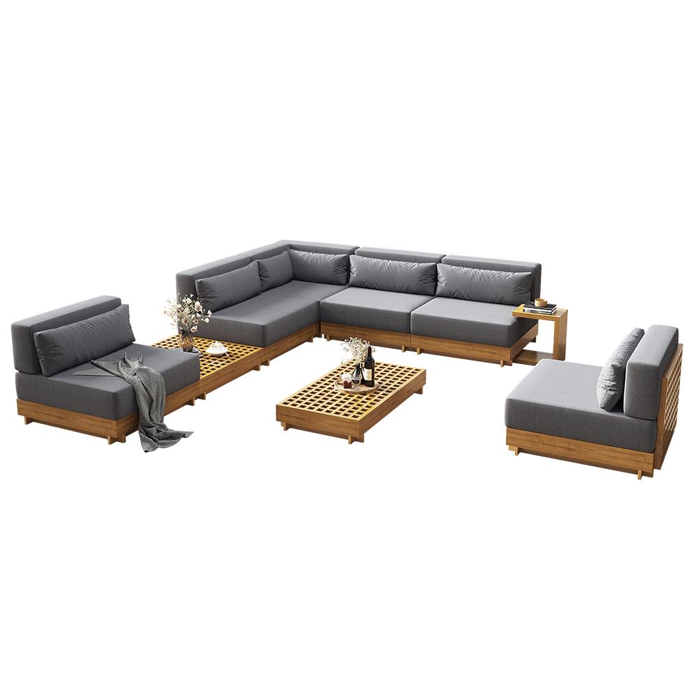 9 Pieces Teak Modular Outdoor Patio Sectional Sofa Set with Coffee Table and Cushion