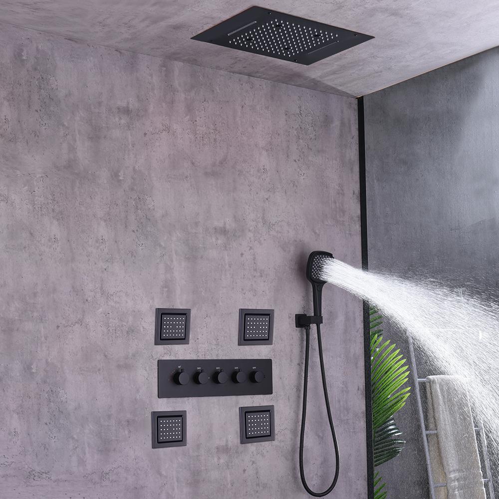 20'' Wall-Mounted LED Thermostatic Shower System with Waterfall Rain & 4 Body Jets