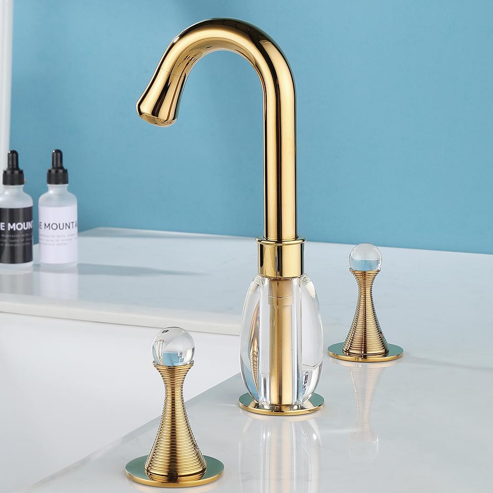 Gold Bathroom Widespread Sink Faucet Double Crystal Handle Solid Brass