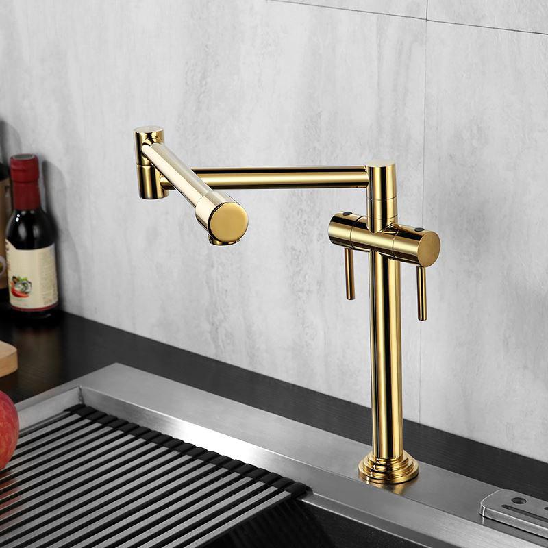 Contemporary Pot Filler Kitchen Faucet Retractable in Gold Solid Brass
