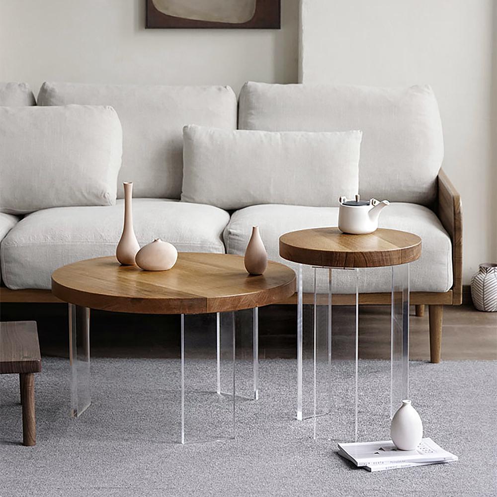 2 Piece Mid Century Modern Pine Wood & Acrylic Round Coffee Table Set in Natural