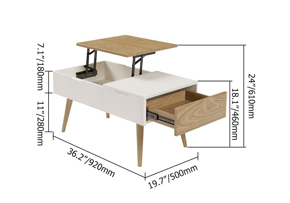 White & Natural Wooden Rectangular Multifunctional Coffee Table with Drawer Lift-Top Storage Table