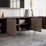Minimalist Slatted Media Console Wood TV Stand in Walnut with Shelves for TVs Up to 80"