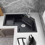 Modern Black Drop In Corner Kitchen Sink 32" Single Bowl Quartz Irregular Right Sink