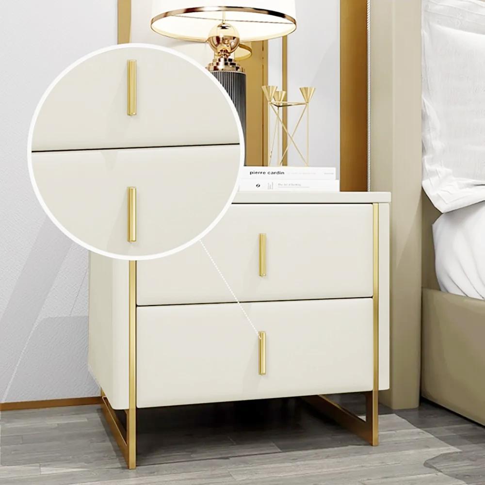 Modern Off White Nightstand 2-Drawer Faux Leather Bedside Table in Gold