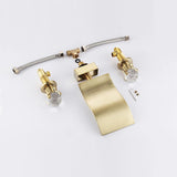 Deck Mount Widespread Waterfall 2 Crystal Handle Bathroom Sink Faucet in Brushed Gold