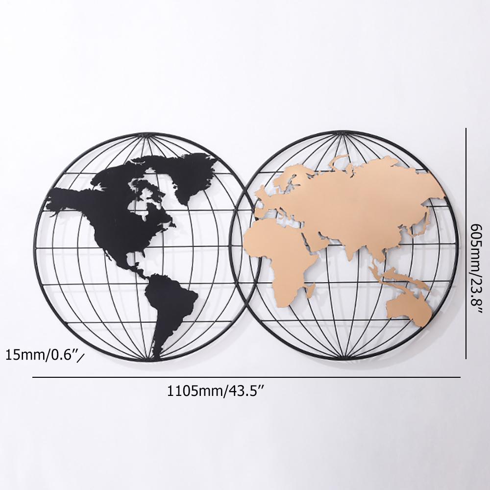 Modern Geometry Metal Round Frame Black & Rose Gold World Map Wall Decor