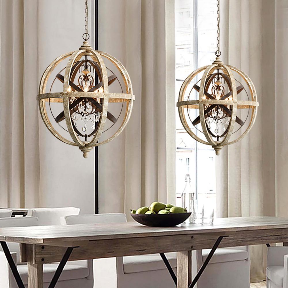 5-Light Retro Globe Weathered Wood Chandelier with Crystal Accents