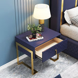 Modern Nightstand with Drawer, PU Leather in Deep Blue, Gold Leg