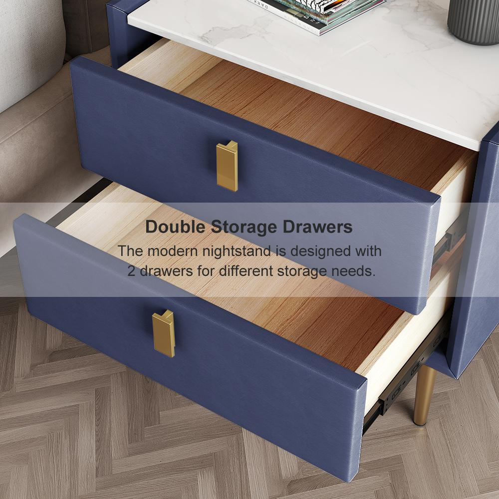 Modern 2 Drawers PU Leather Bedside Table Nightstand with Gold Metal Legs