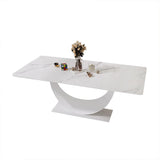 71" White Faux Marble Dining Table for 8 Crescent Base Sintered Stone