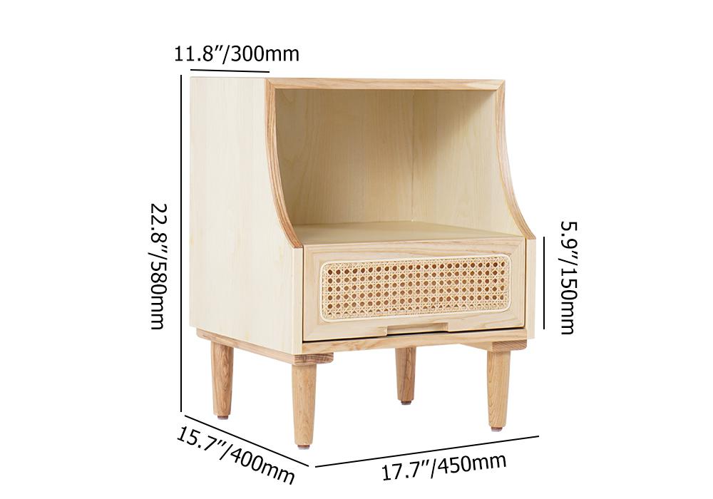 Natural Nightstand Nordic 1-Drawer Rattan Woven Wooden Bedside Table with Open Storage