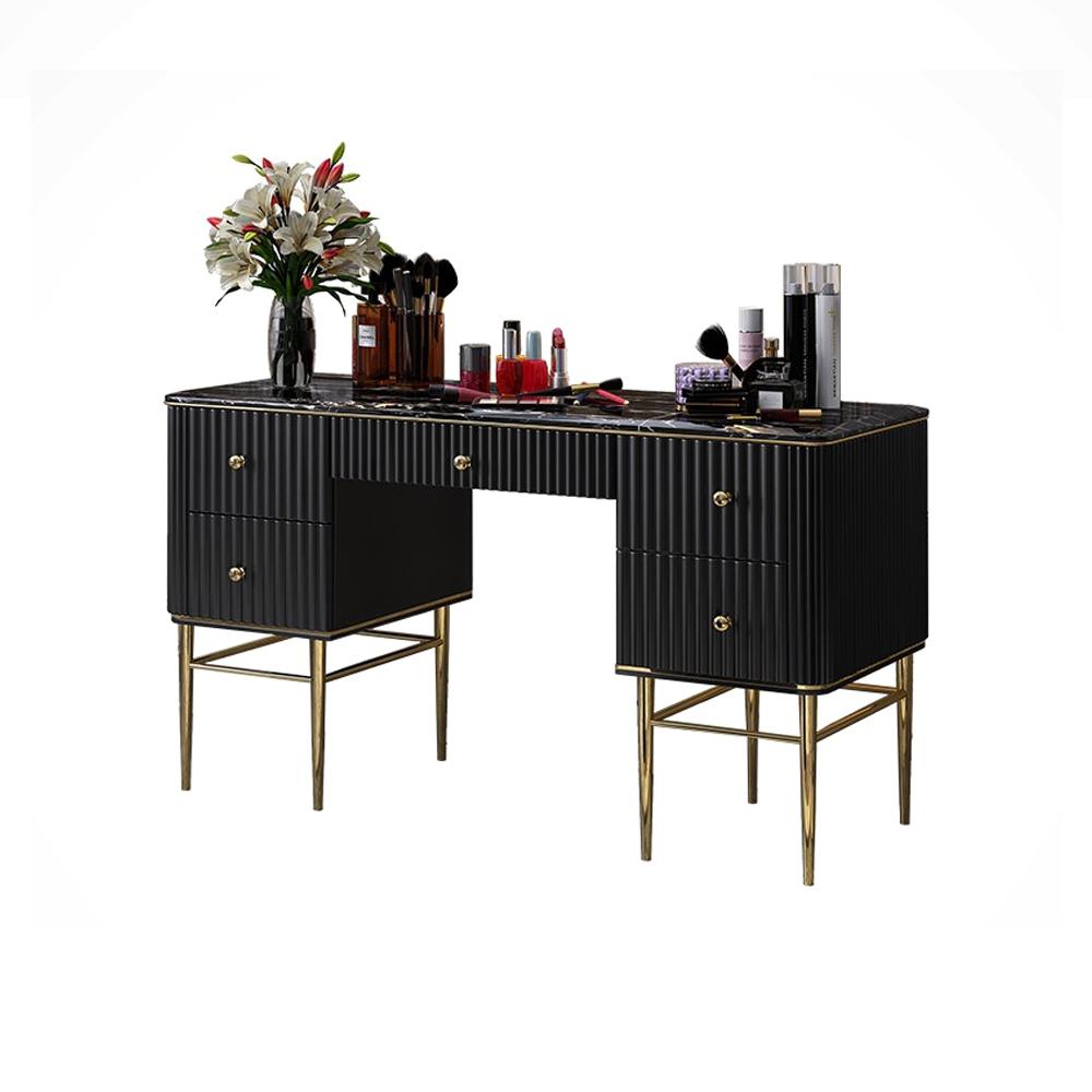 Black Makeup Vanity Table Faux Marble Dressing Table with Drawers Gold Stainless Steel