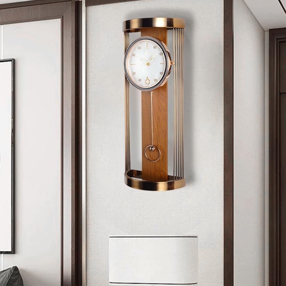 Modern Metal Hollow-out Wall Clock with Pendulum & Rhinestones
