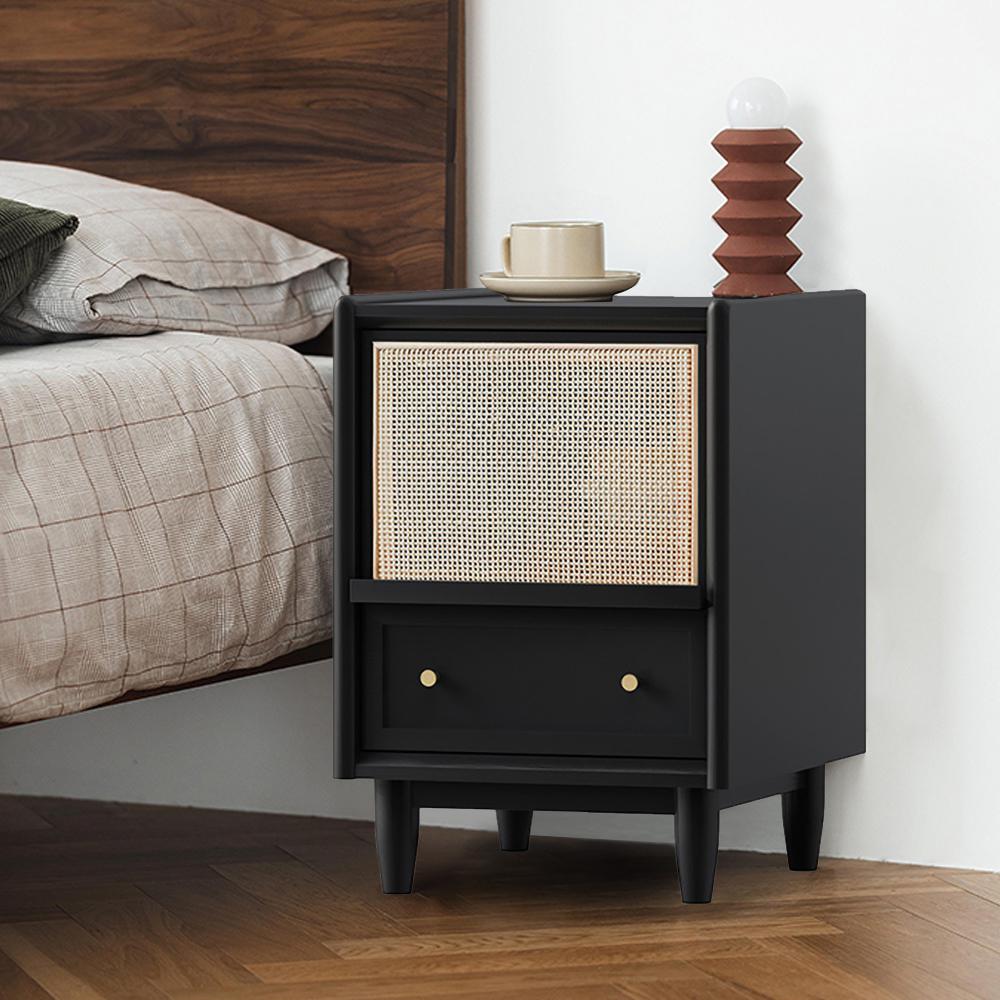 Rustic Rattan Nightstand Simple Walnut Bedroom with Storage Solid Wood Bedside Table