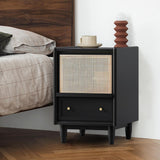 Rustic Rattan Nightstand Simple Walnut Bedroom with Storage Solid Wood Bedside Table