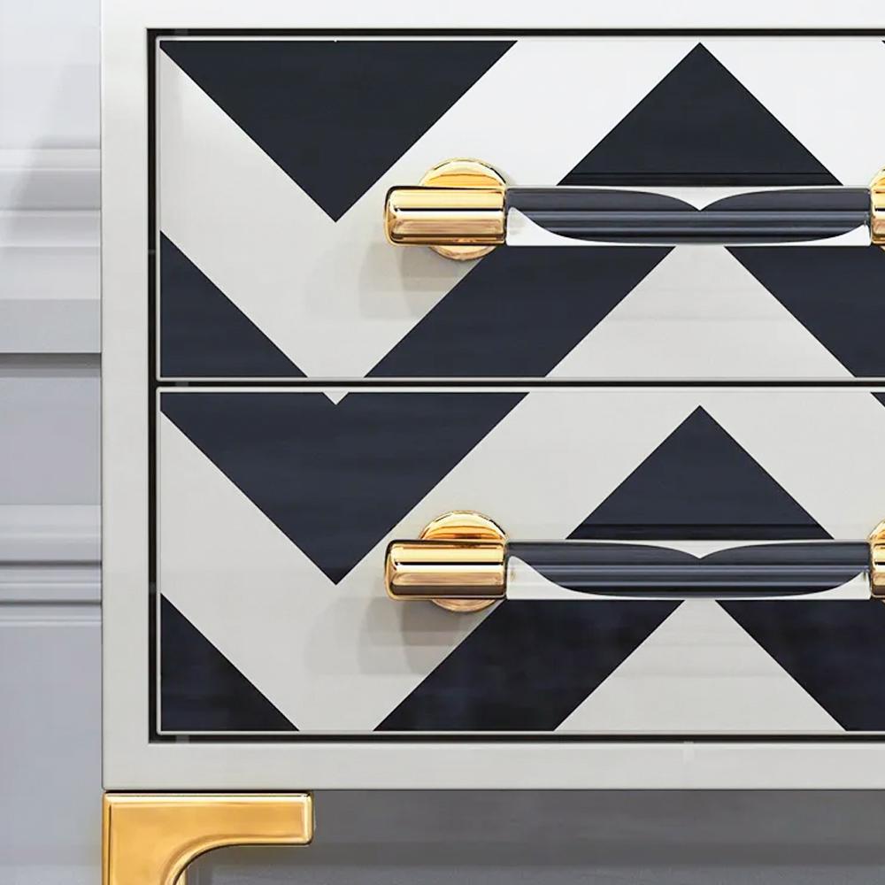 2 Drawers Black & White Nightstand with Drawer Mid-Century Bedside Table Gold Legs