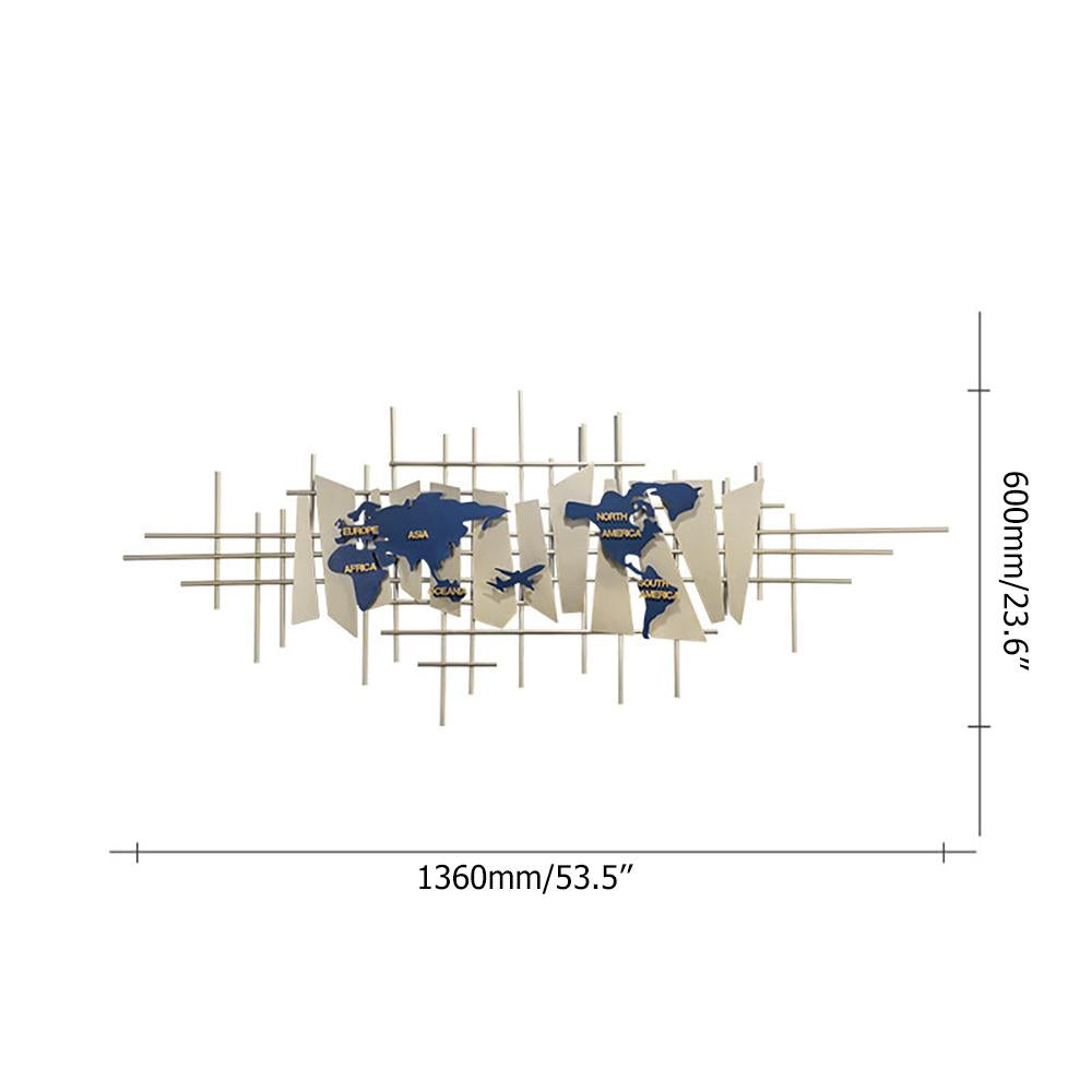 3D European Style World Map Metal Wall Decor Art in Blue & Gold