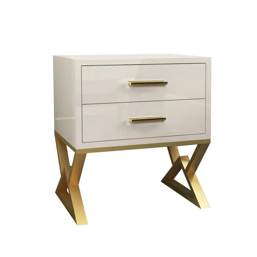Nordic White Nightstand 2-Drawer Bedside Table Gold Finish