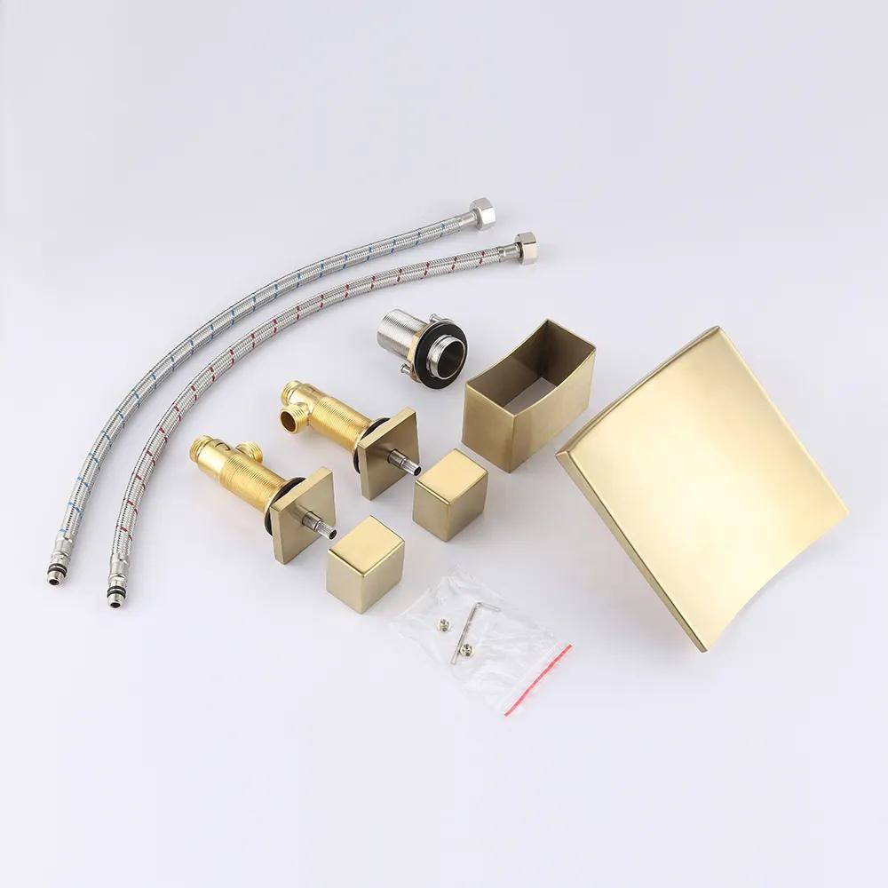 Grop Brushed Gold Waterfall Widespread Bathroom Sink Faucet Double Handle