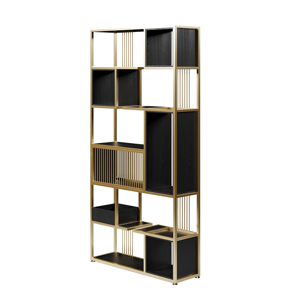 78" Modern Black Steel Geometric Bookcase 6-Tier Bookshelf Wooden Tall Book Shelf