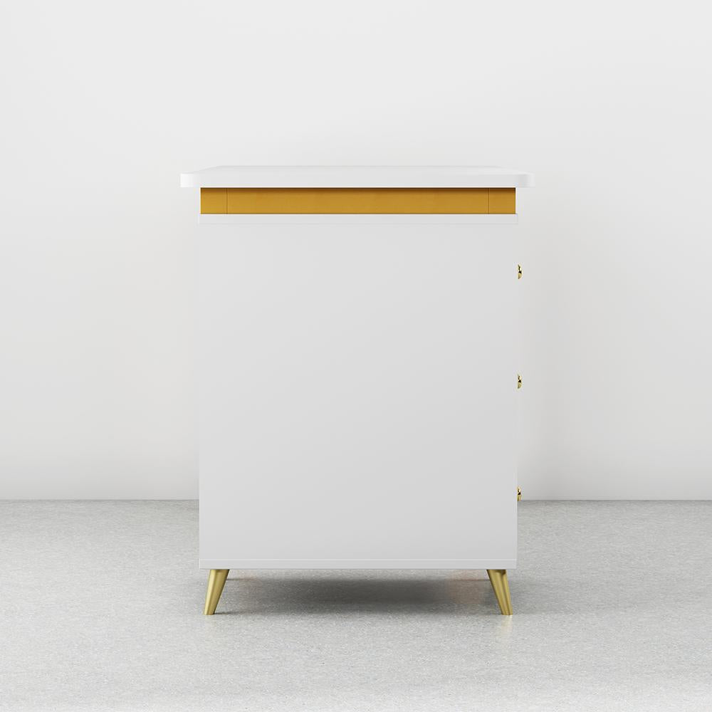 Modern 55" Wooden Home Office White Computer Desk with 3 Drawers & Side Cabinet in Gold