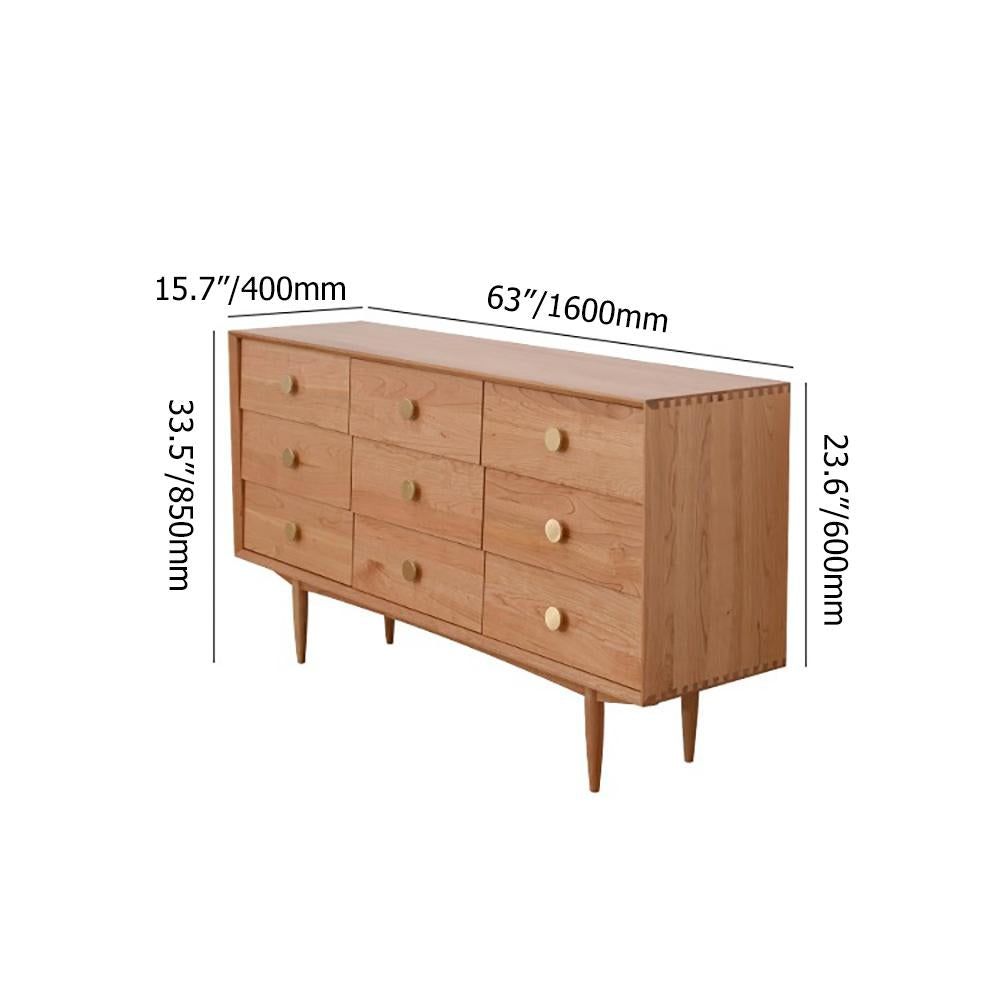 63" Natural Bedroom Dresser with 9 Drawers Wooden Chest of Drawers with Gold Knobs