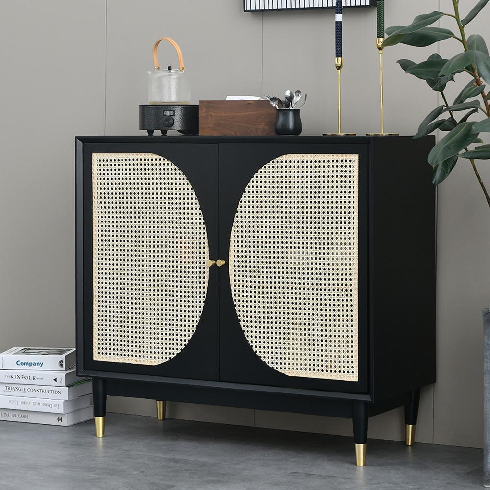 Black Rattan Accent Cabinet 2-Door Sideboard Buffet with Adjustable Shelves