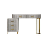 Modern Gray Upholstered Makeup Vanity Table Expandable Dressing Table with Cabinet