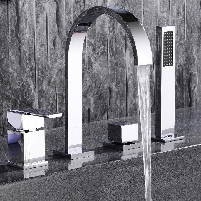 Dree Double Handle 4-Hole Roman Tub Faucet with Hand Shower Modern Style Solid Brass