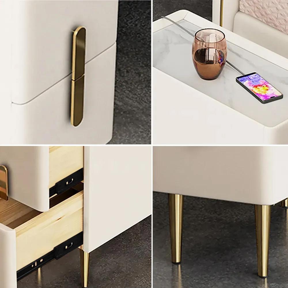 Beige Bedroom Nightstand Storage Bedside Table with 2 Drawers in Gold Legs