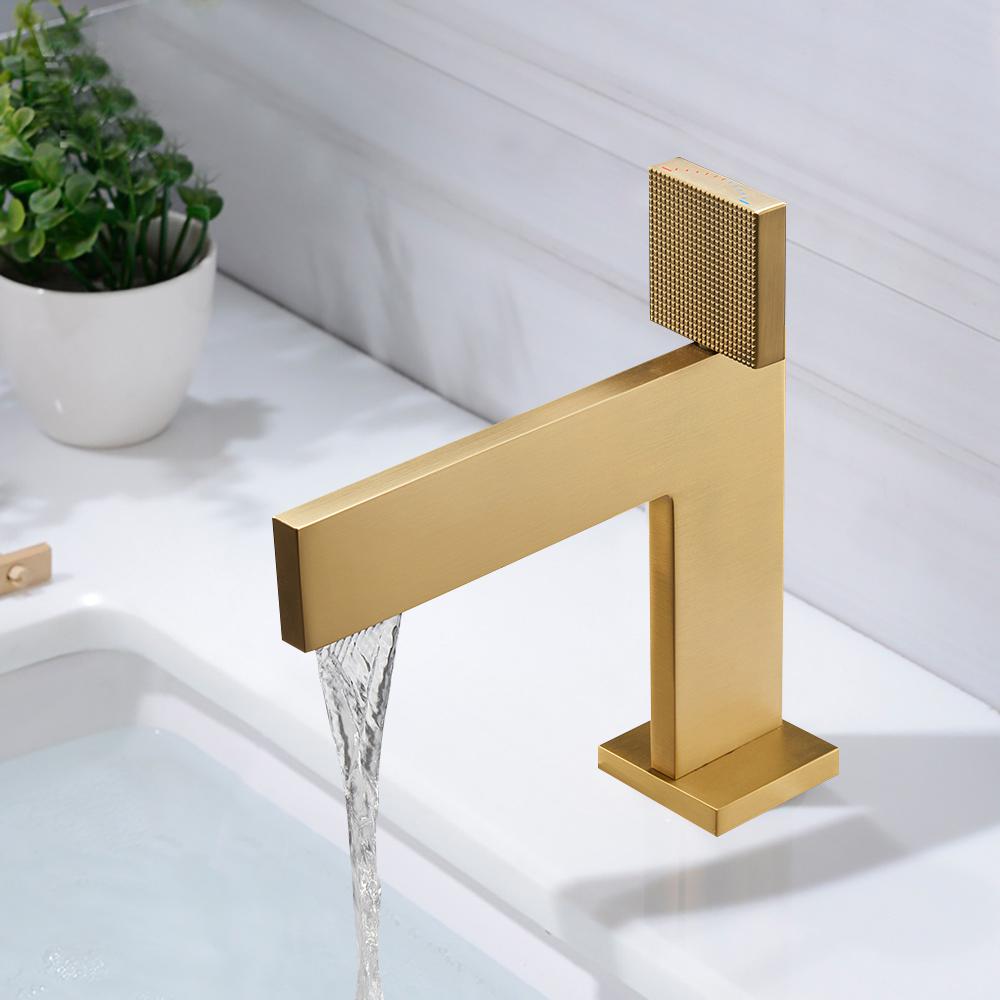 Brushed Gold Modern Bathroom Sink Faucet Single Handle 1-Hole Solid Brass