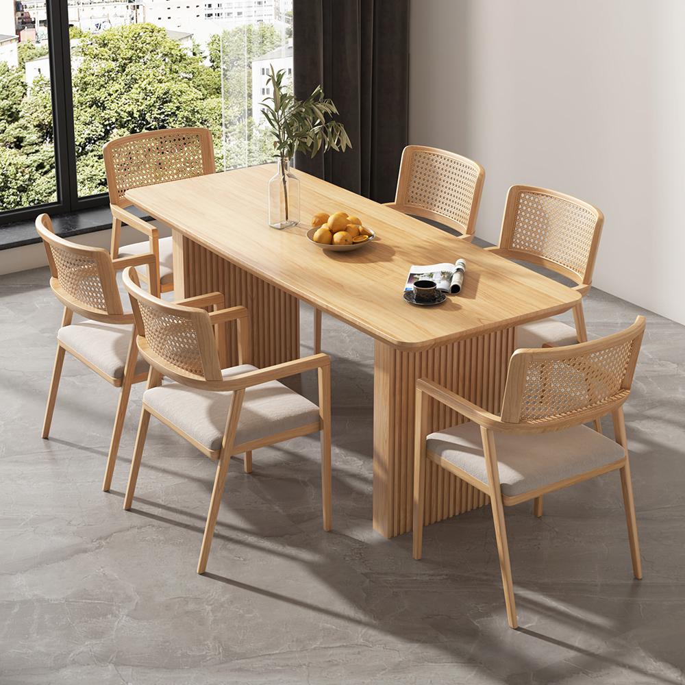 71" Farmhouse Rectangle Dining Table Natural Solid Wood Table for 8 Person Ribbed Leg