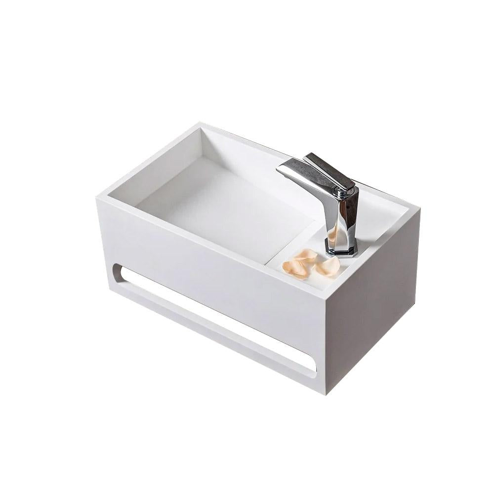 Stone Resin Solid Wall-Hung Bathroom Ramped Sink with Towel Bar in Glossy White