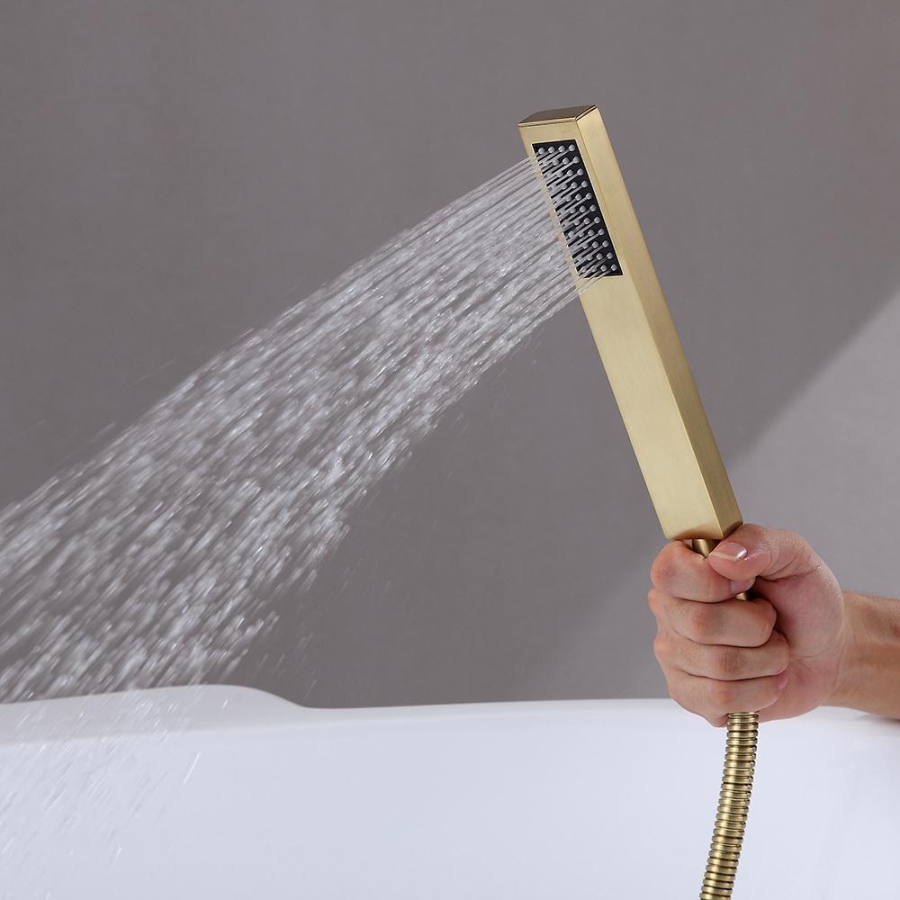 Dree Brushed Gold Freestanding Tub Filler Floor Mount Bathtub Faucet with Hand Shower