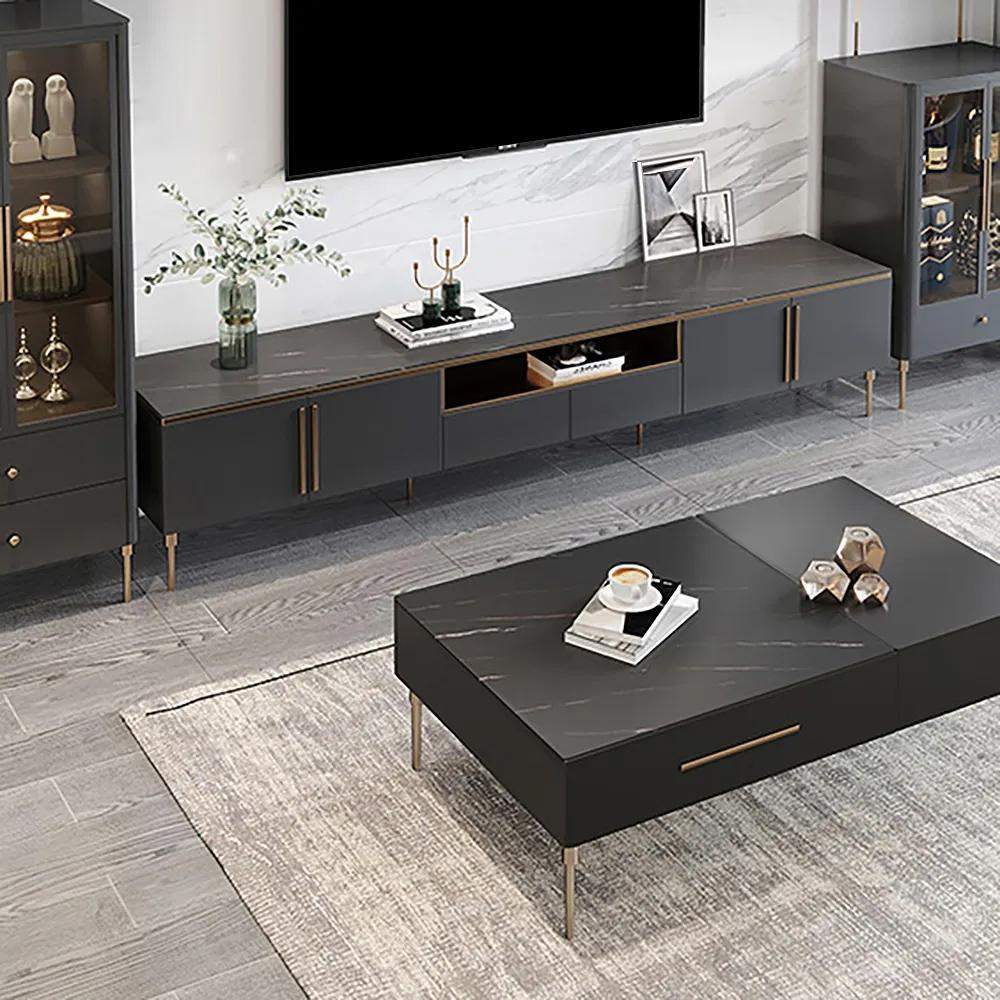 Black Minimalist TV Stand Stone Top 4-Door 1 Drawer Media Console-Richsoul-Furniture,Living Room Furniture,TV Stands