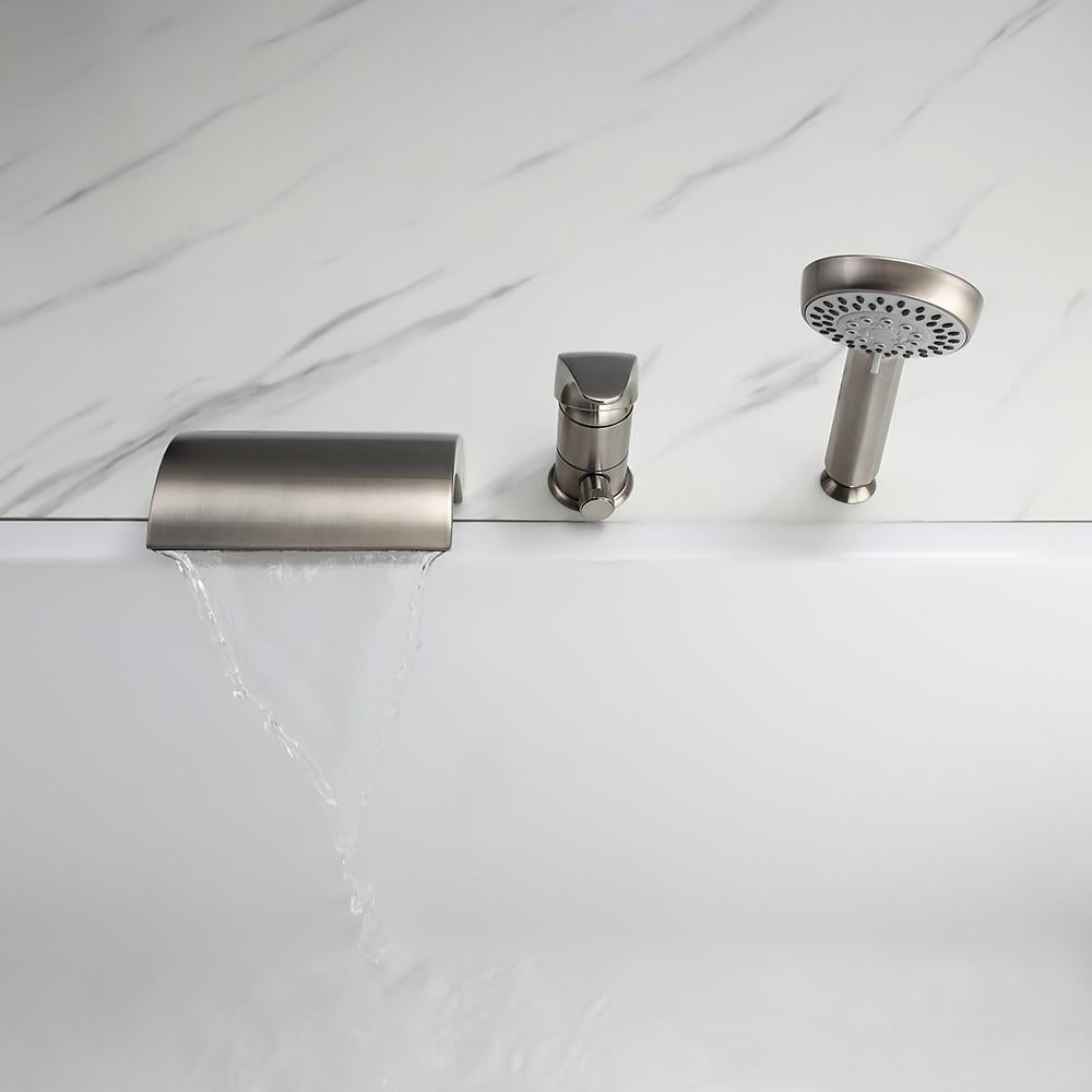Victoria Deck Mount Waterfall Tub Faucet with Handheld Shower in Brushed Nickel